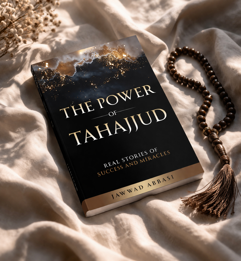 The Power of Tahajjud flatlay on white linen with tasbih