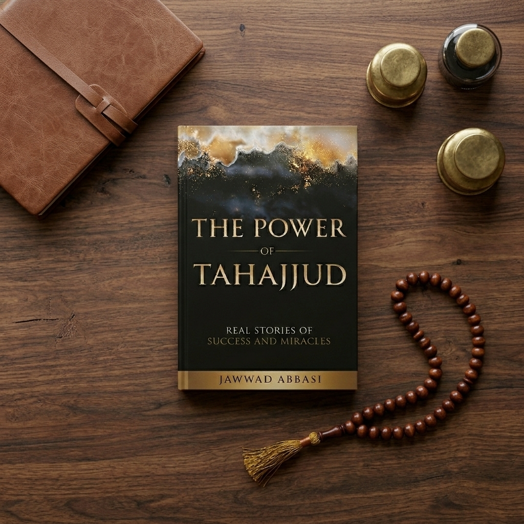 Book with tasbih beads and journal on wood