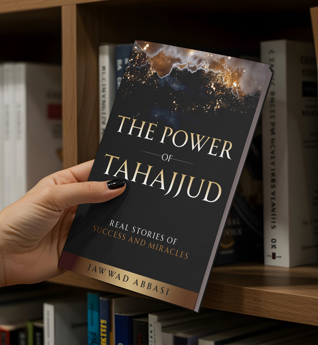 Hand holding The Power of Tahajjud in front of a bookshelf