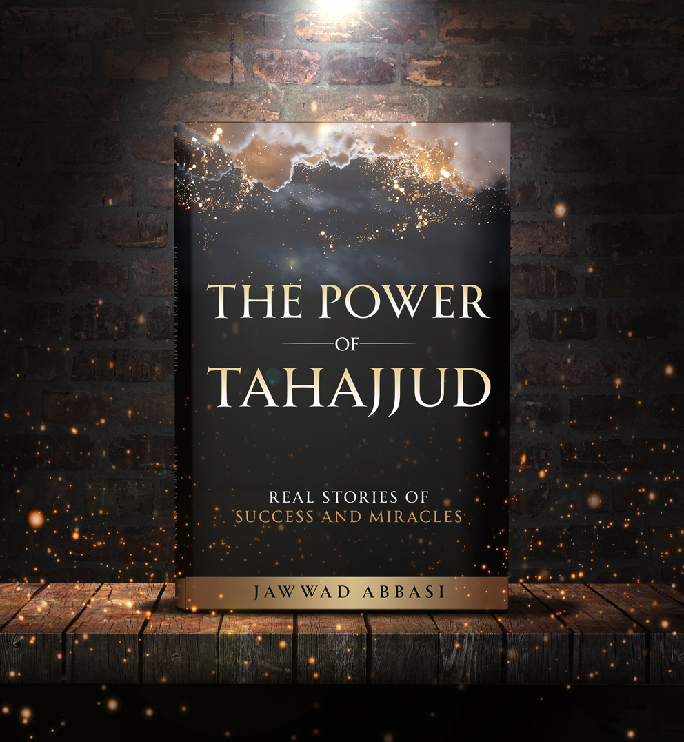 The Power of Tahajjud standing on a wooden shelf with brick wall and golden particles