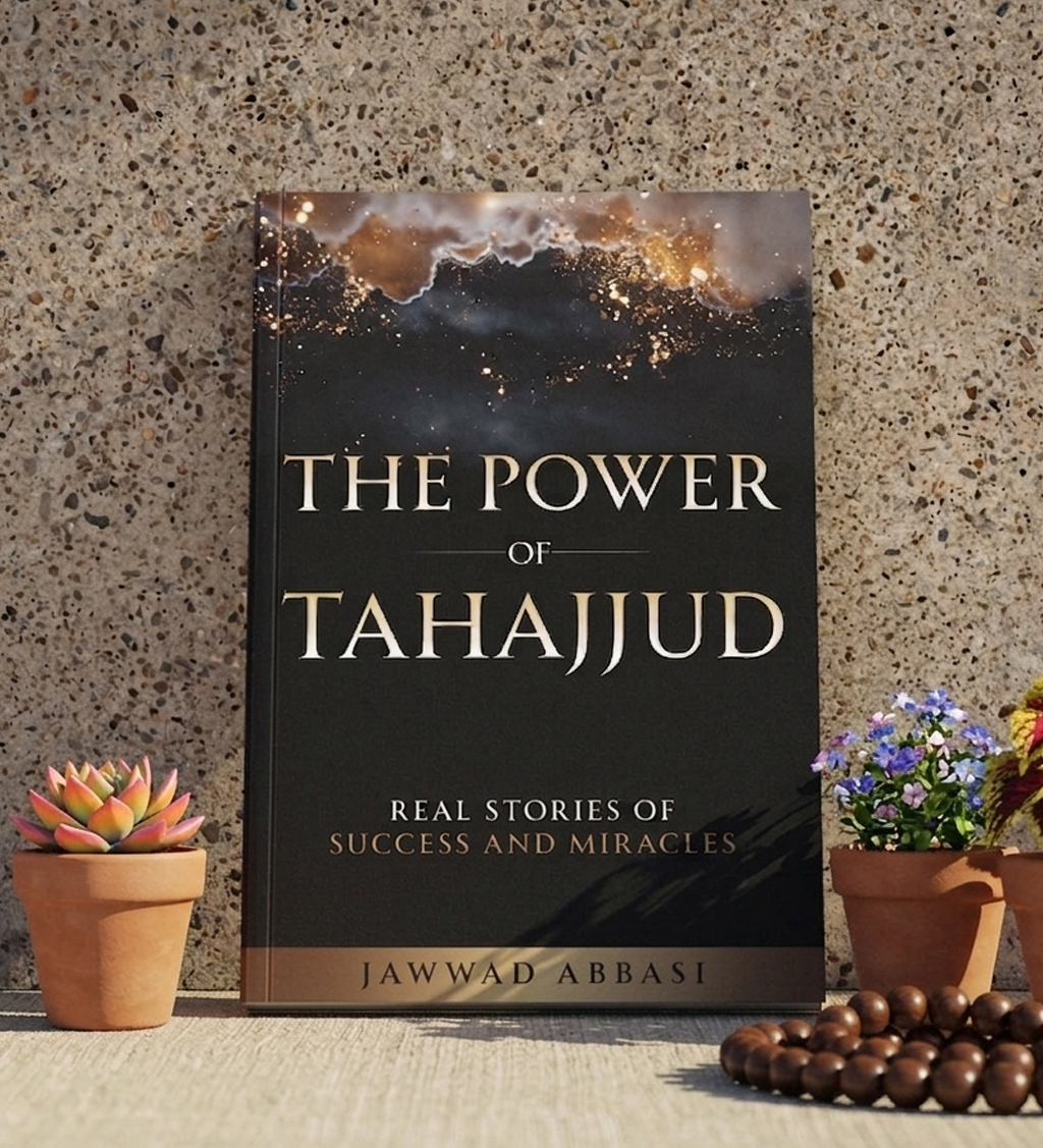 The Power of Tahajjud standing on concrete with potted plants and tasbih
