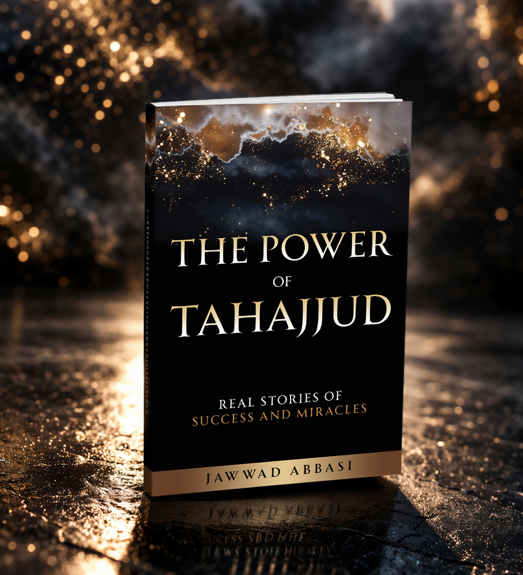 The Power of Tahajjud standing mockup with golden bokeh background
