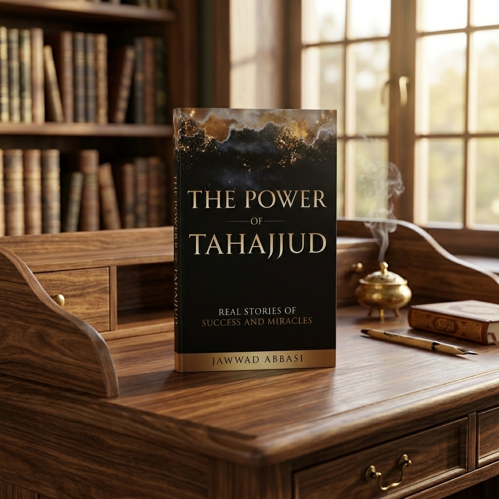 Book on a wooden desk with library in background