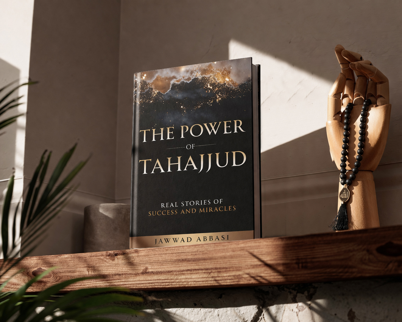 The Power of Tahajjud on a wooden shelf with wooden hand holding tasbih and plant
