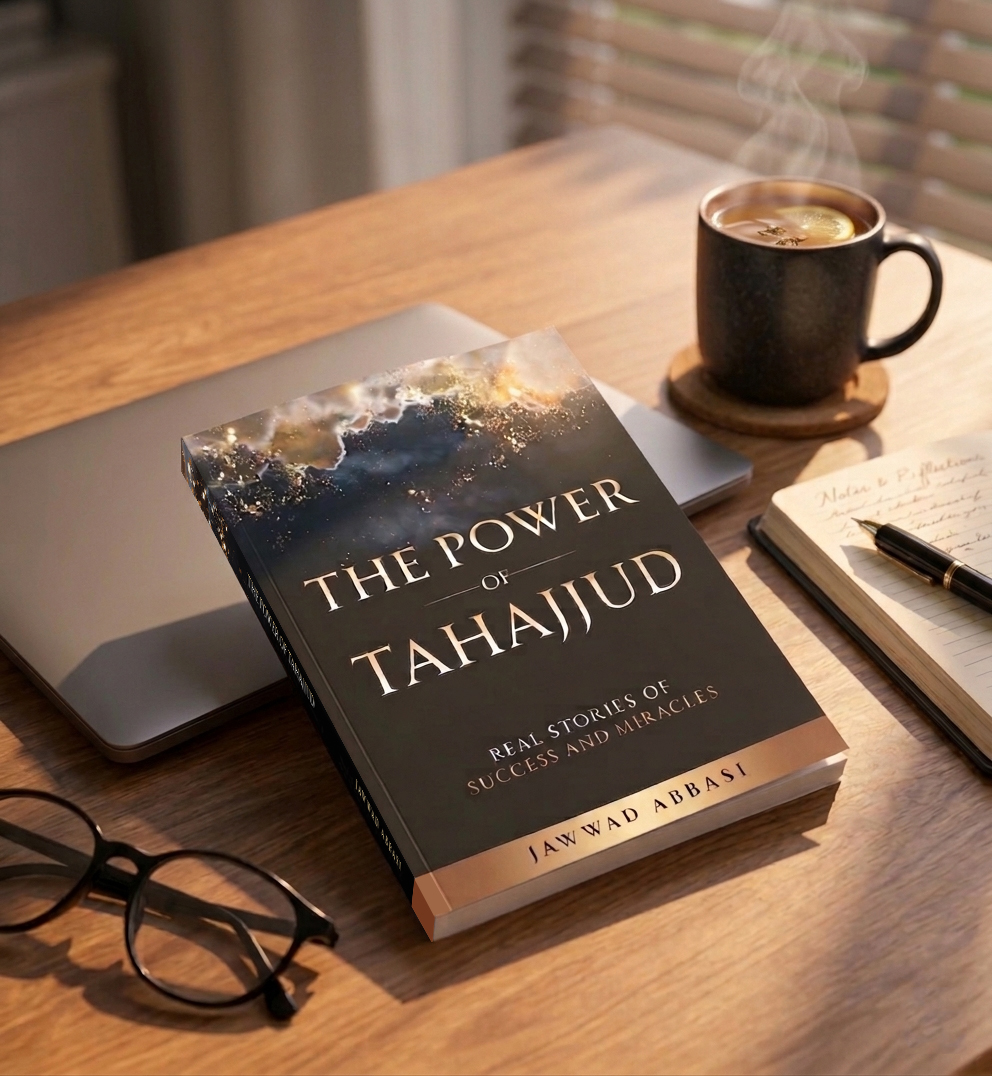 The Power of Tahajjud on a wooden desk with laptop, coffee and glasses